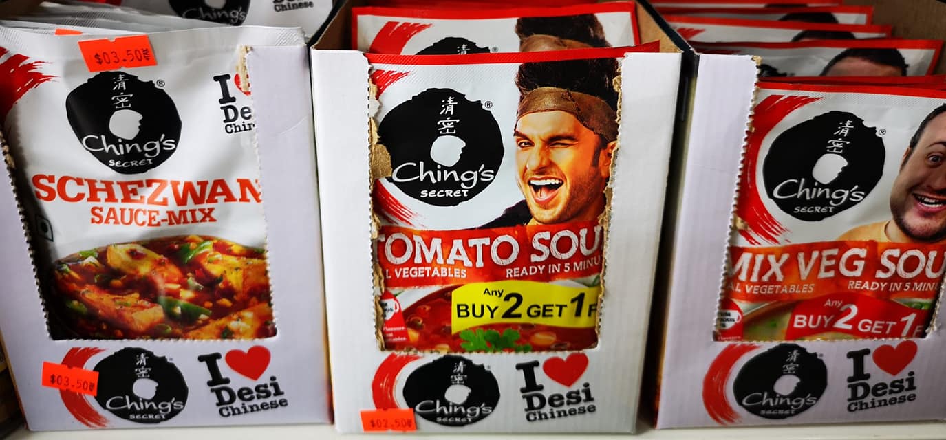 Ching's Indo-Chinese sauce mixes and soup packets on display