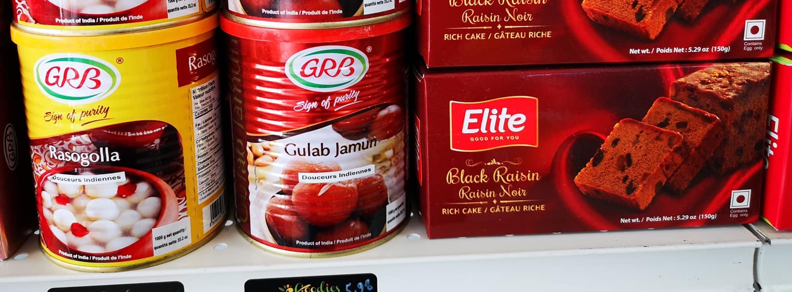 GRB Gulab Jamun, Rasogolla, and Elite Black Raisin cake on store shelves